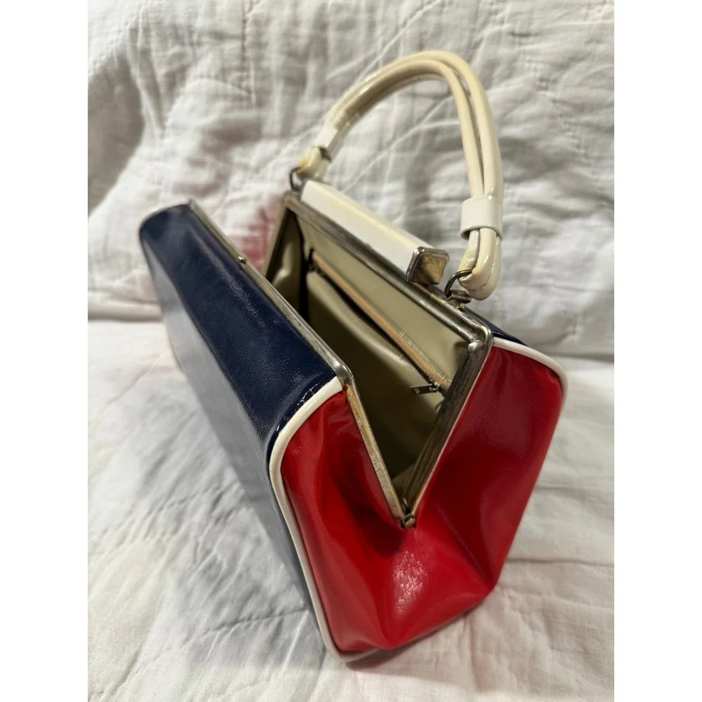 Vintage 60s Style Colorblock Patent Handbag Navy Red White Kiss Lock Doctor Bag